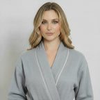 Light gray women's waffle piping bathrobe from Plush Fashion Hub, featuring a lightweight spa-style design and front small piping details.