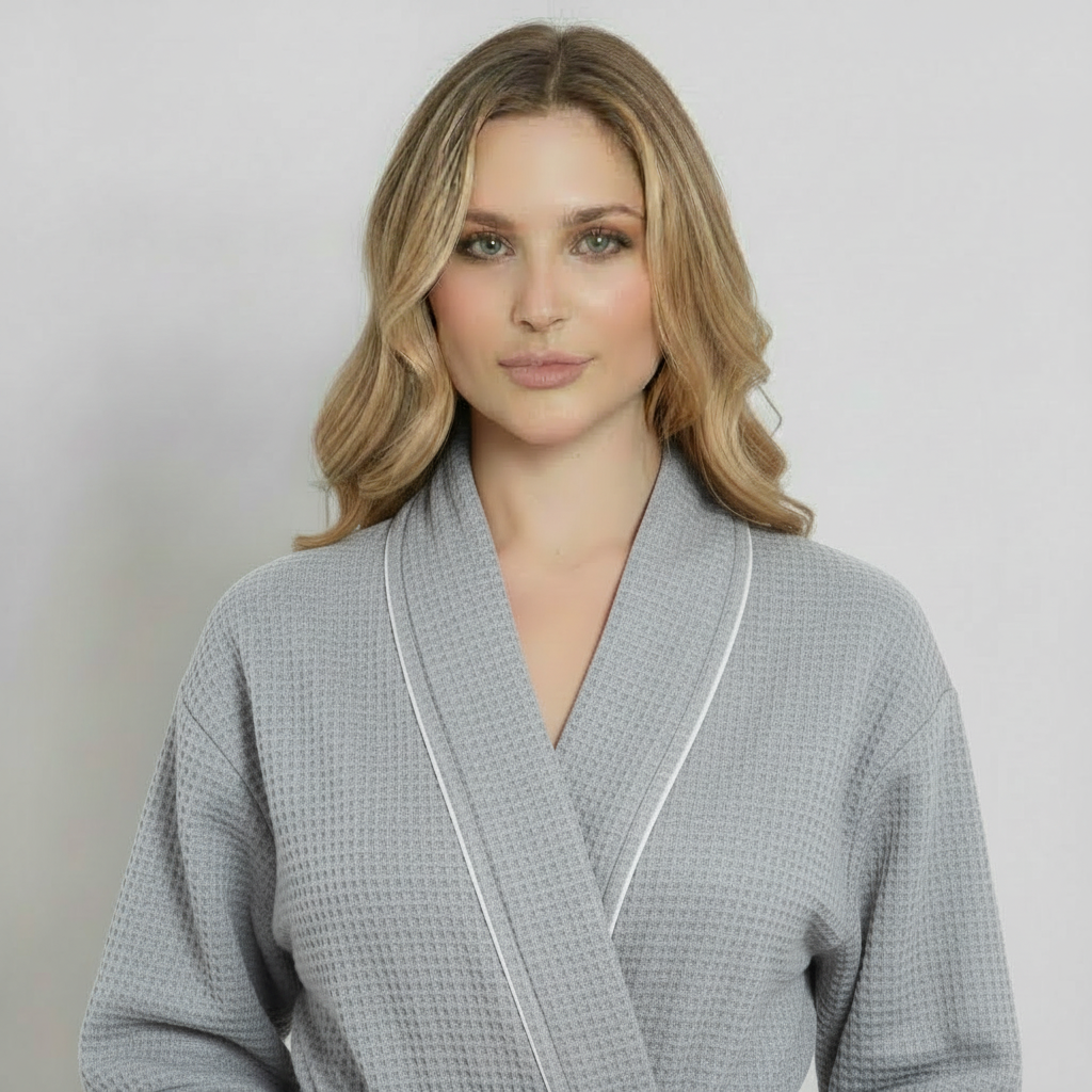 Women’s Waffle Piping Bathrobe – Lightweight Spa-Style Comfort - Plush Fashion Hub