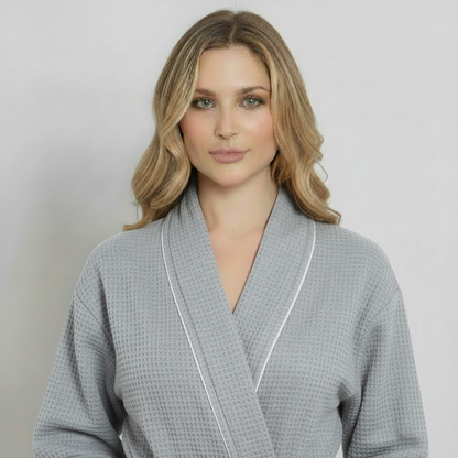 Women’s Waffle Piping Bathrobe – Lightweight Spa-Style Comfort - Plush Fashion Hub