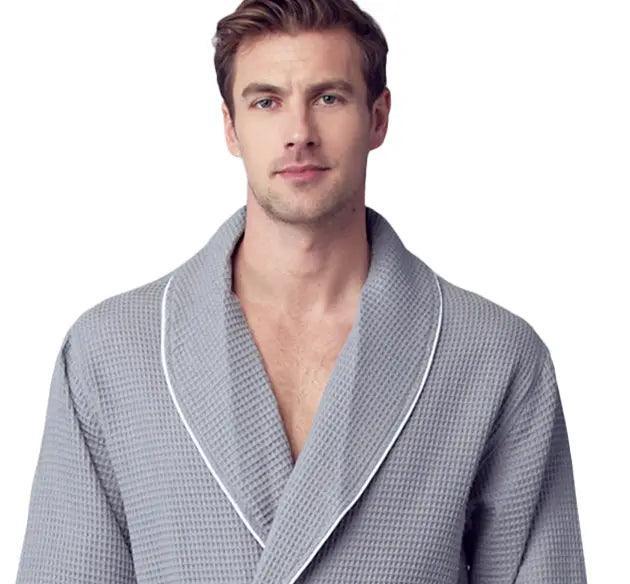 Small gray men's waffle piping robe by Plush Fashion Hub, front view showing piping details and cozy fabric.