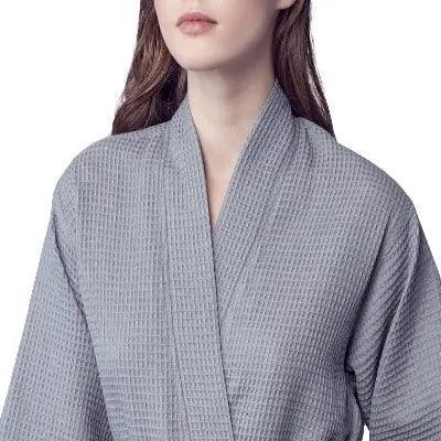 Front view of lightweight gray women's waffle robe by Plush Fashion Hub, quick-dry spa comfort robe with a cozy fit.