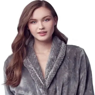 Women's ultra-soft plush bathrobe by Plush Fashion Hub in small grey fleece, showing the front view with a cozy, relaxed fit.