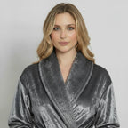 Front view of a women's ultra-soft plush grey fleece bathrobe by Plush Fashion Hub, showcasing its cozy, relaxed fit.