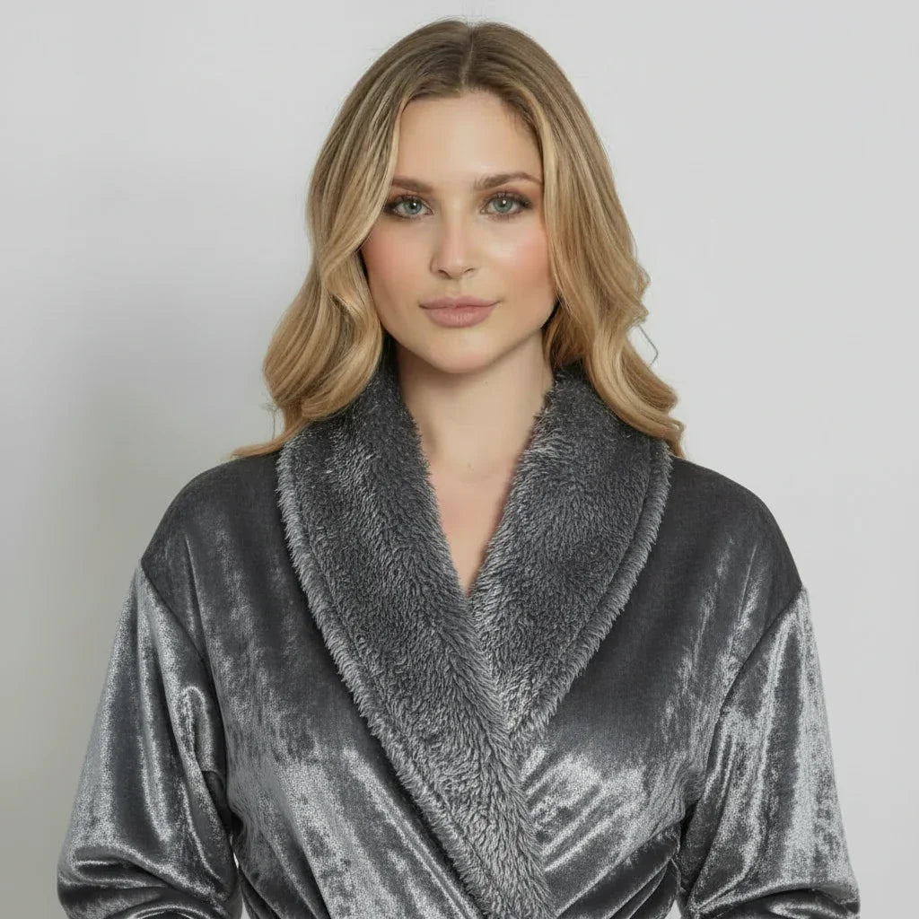 Front view of a women's ultra-soft plush grey fleece bathrobe by Plush Fashion Hub, showcasing its cozy, relaxed fit.