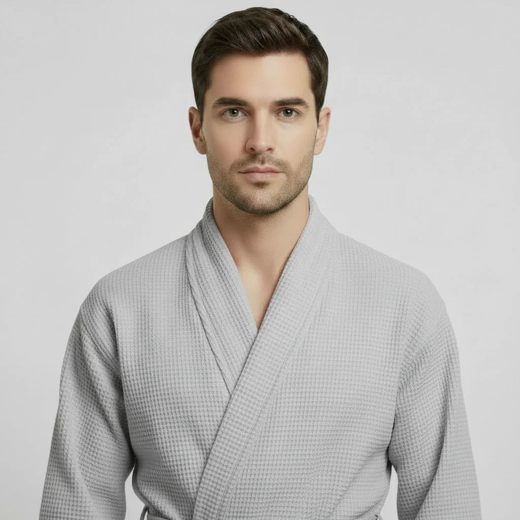 Front view of Plush Fashion Hub men's waffle spa bathrobe in small grey, lightweight and absorbent for comfortable wear.