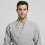 Front view of Plush Fashion Hub men's waffle spa bathrobe in small grey, lightweight and absorbent for comfortable wear.