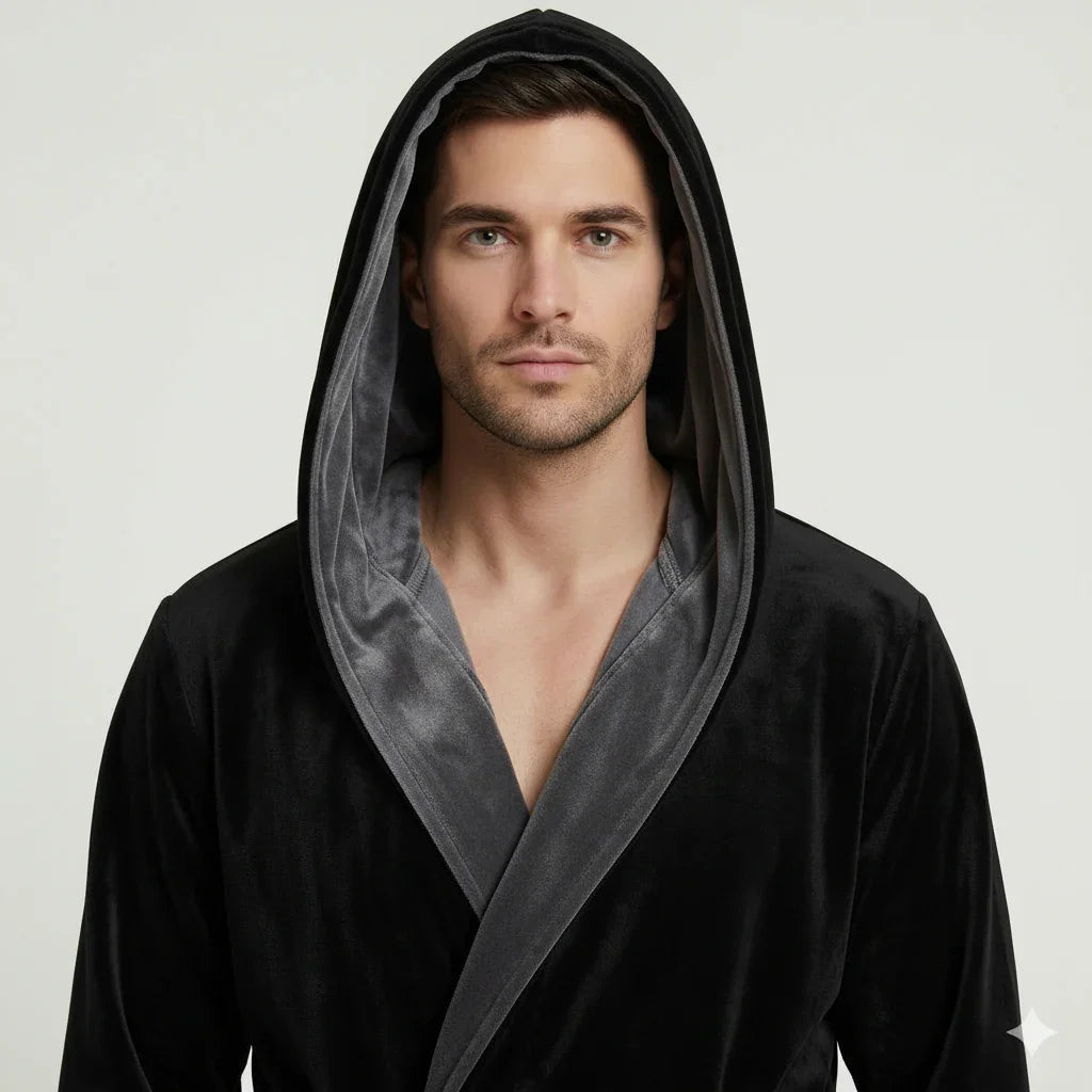 Men’s hooded plush robe from Plush Fashion Hub featuring a black and gray design, soft fabric, and comfortable fit for everyday wear.