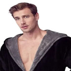 Men's hooded plush robe in black and gray, featuring a soft, cozy fabric and front design, ideal for everyday comfort.