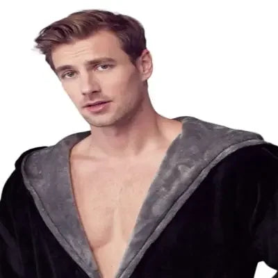 Men's hooded plush robe in black and gray, featuring a soft, cozy fabric and front design, ideal for everyday comfort.