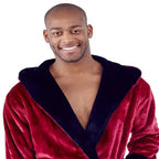 Men’s burgundy and black hooded robe from Plush Fashion Hub, showcasing the front view with soft plush fabric and cozy design.