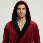 Men’s hooded plush robe by Plush Fashion Hub in burgundy and black, featuring a soft, cozy front design for everyday comfort.