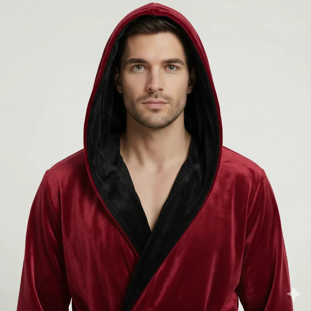 Men’s hooded plush robe by Plush Fashion Hub in burgundy and black, featuring a soft, cozy front design for everyday comfort.