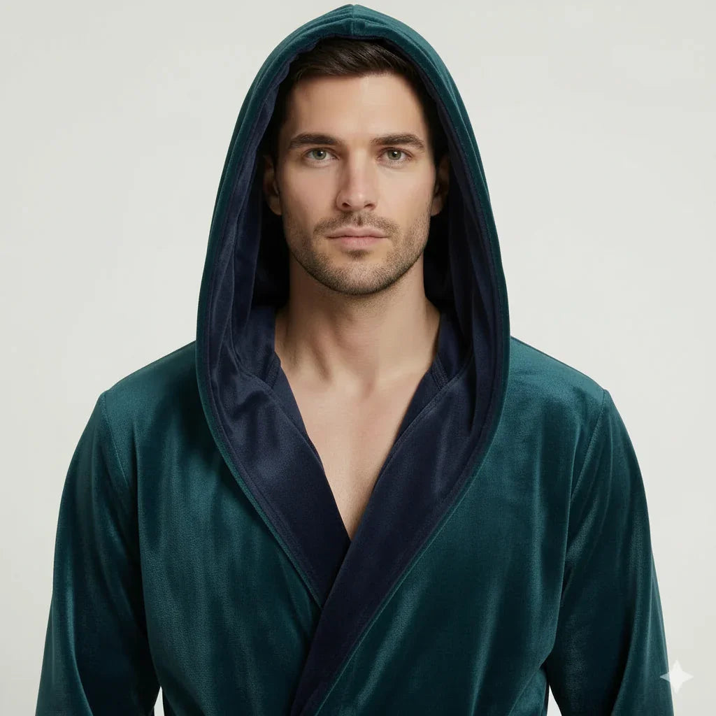 Front view of Plush Fashion Hub men's hooded robe in green and black plush fabric, showcasing its cozy, ultra-soft design.