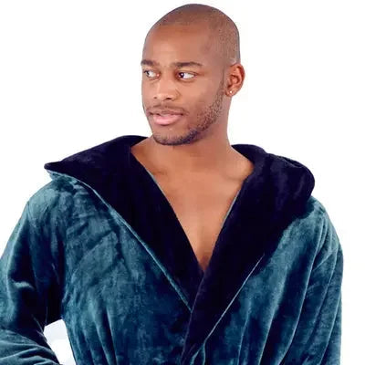 Men’s hooded plush robe in green and black, showcases front view with soft, cozy fabric for everyday comfort.