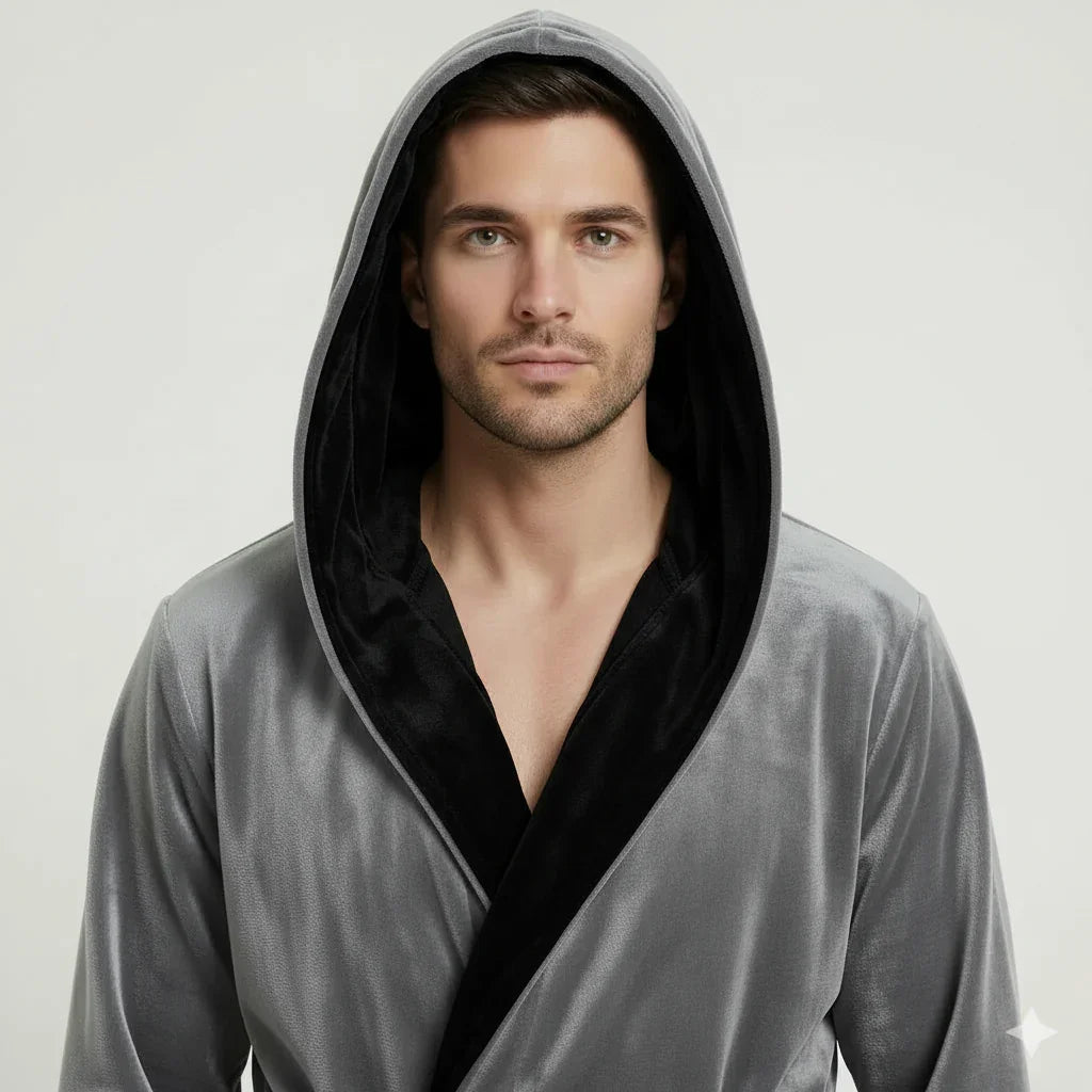 Men’s grey and black hooded plush robe from Plush Fashion Hub, featuring a soft, cozy fabric for daily comfort.