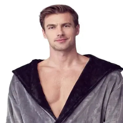 Front view of Plush Fashion Hub men's hooded robe in grey and black, showcasing its ultra-soft plush fabric and cozy fit.