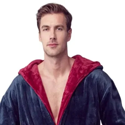 Navy and burgundy men's hooded plush robe from Plush Fashion Hub showcasing its front design and soft, cozy fabric.