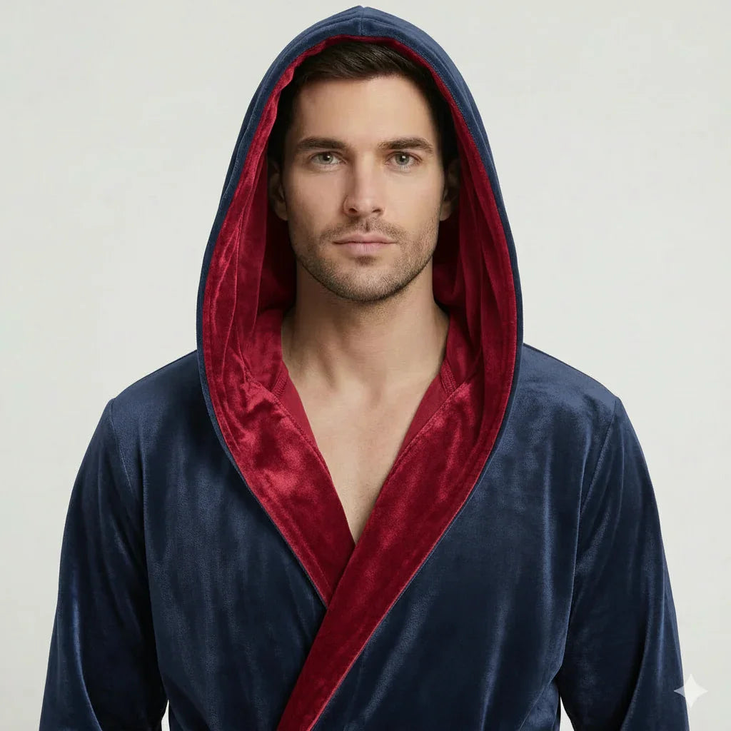 Men’s navy and burgundy plush hooded robe from Plush Fashion Hub, featuring a cozy front view with soft, ultra-comfortable fabric.