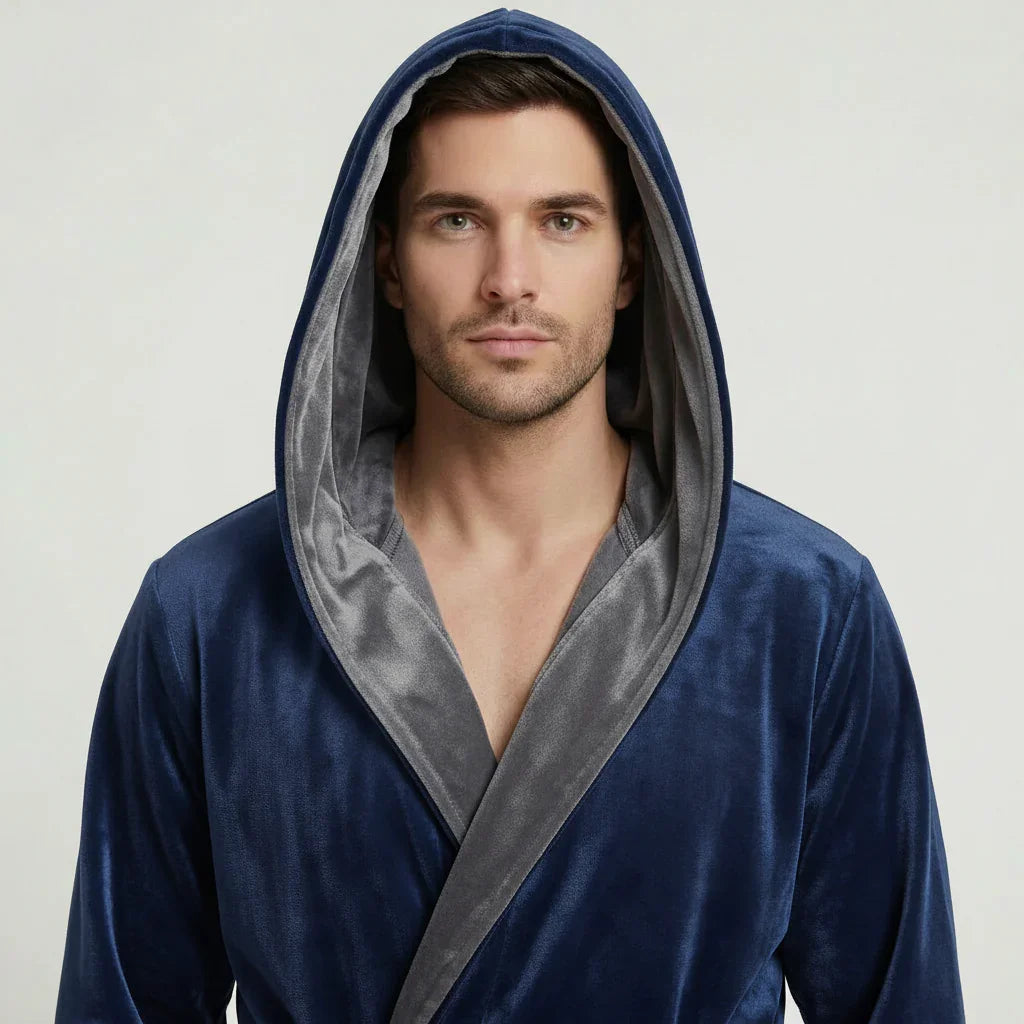 Men’s hooded plush robe from Plush Fashion Hub, front view showing ultra-soft fabric and comfortable fit in dark grey.