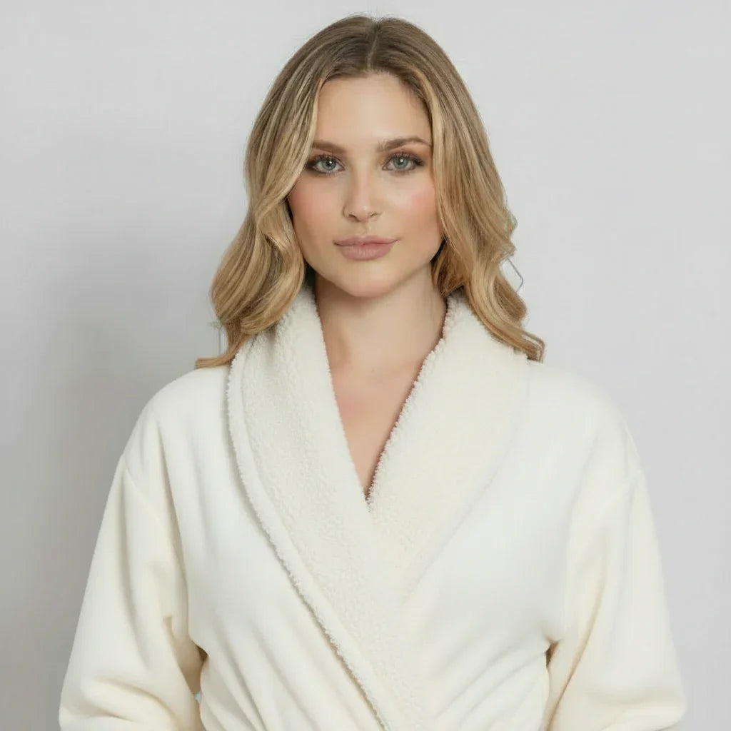 Front view of women's ultra soft plush bathrobe by Plush Fashion Hub, showcasing cozy fabric and relaxed fit.