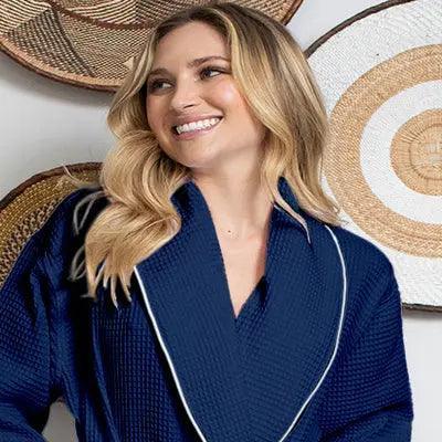 Navy women's waffle piping bathrobe with lightweight spa-style design and front small piping detail, by Plush Fashion Hub.