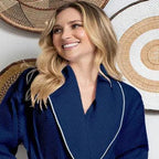 Navy women's waffle piping bathrobe with lightweight spa-style design and front small piping detail, by Plush Fashion Hub.