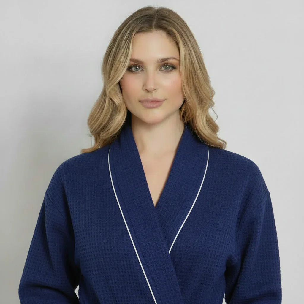 Women’s navy waffle piping bathrobe from Plush Fashion Hub, lightweight spa-style robe with front design and piping details.