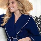 Navy knee-length waffle robe for women with piping, made by Plush Fashion Hub, shown from the front with a cozy design.