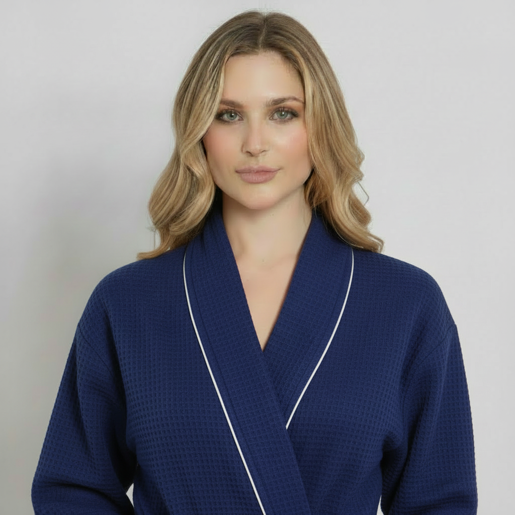 Navy knee-length waffle robe for women with piping detail, front view, by Plush Fashion Hub, lightweight and comfortable.