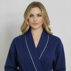 Navy knee-length waffle robe for women with piping detail, front view, by Plush Fashion Hub, lightweight and comfortable.