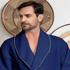 Front view of navy men's premium waffle piping robe by Plush Fashion Hub, featuring piping details and a comfortable fit.