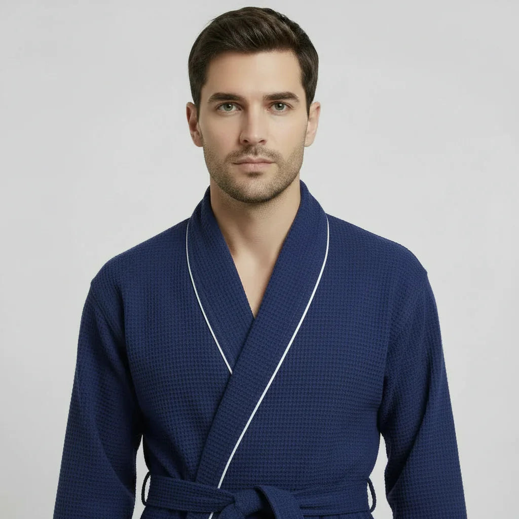 Small navy plush waffle piping men's robe from Plush Fashion Hub, featuring a front view with piping details.