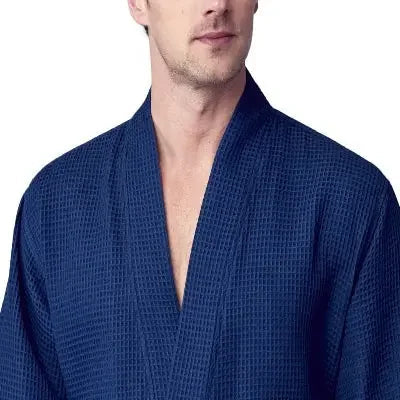 Navy plush men's waffle spa bathrobe by Plush Fashion Hub, lightweight and absorbent, shown from the front.