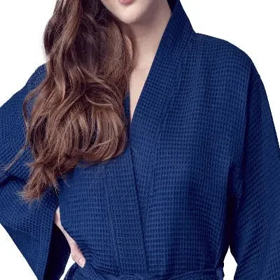 Navy lightweight women's waffle robe from Plush Fashion Hub featuring quick-dry spa comfort and front design.