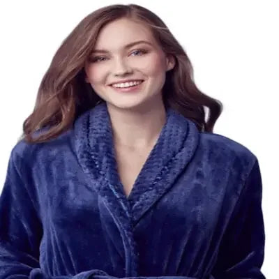 Women's navy plush bathrobe by Plush Fashion Hub, showing the front view with soft, cozy fabric and belt detail.
