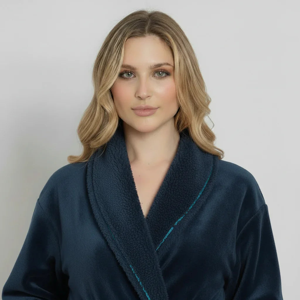 Front view of a navy women's ultra-soft plush bathrobe by Plush Fashion Hub, showing the cozy, plush fabric and robe design.
