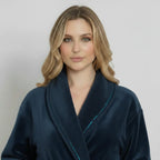 Front view of a navy women's ultra-soft plush bathrobe by Plush Fashion Hub, showing the cozy, plush fabric and robe design.
