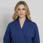 Navy knee-length waffle robe for women by Plush Fashion Hub, front view showing textured fabric and relaxed fit.