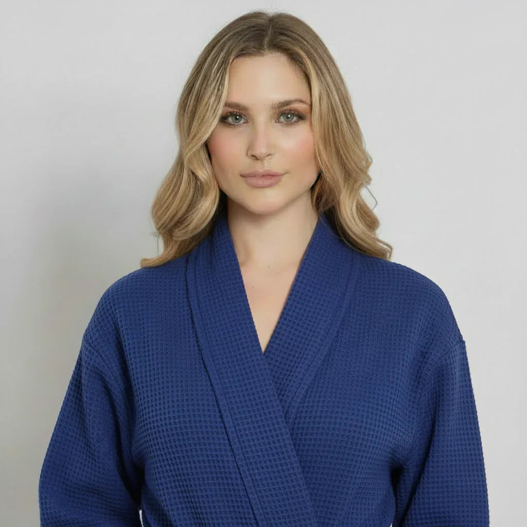 Navy knee-length waffle robe for women by Plush Fashion Hub, front view showing textured fabric and relaxed fit.