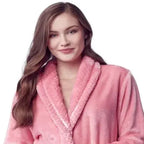 Front view of a small pink women's plush bathrobe from Plush Fashion Hub, showcasing soft, cozy fabric and relaxed fit.