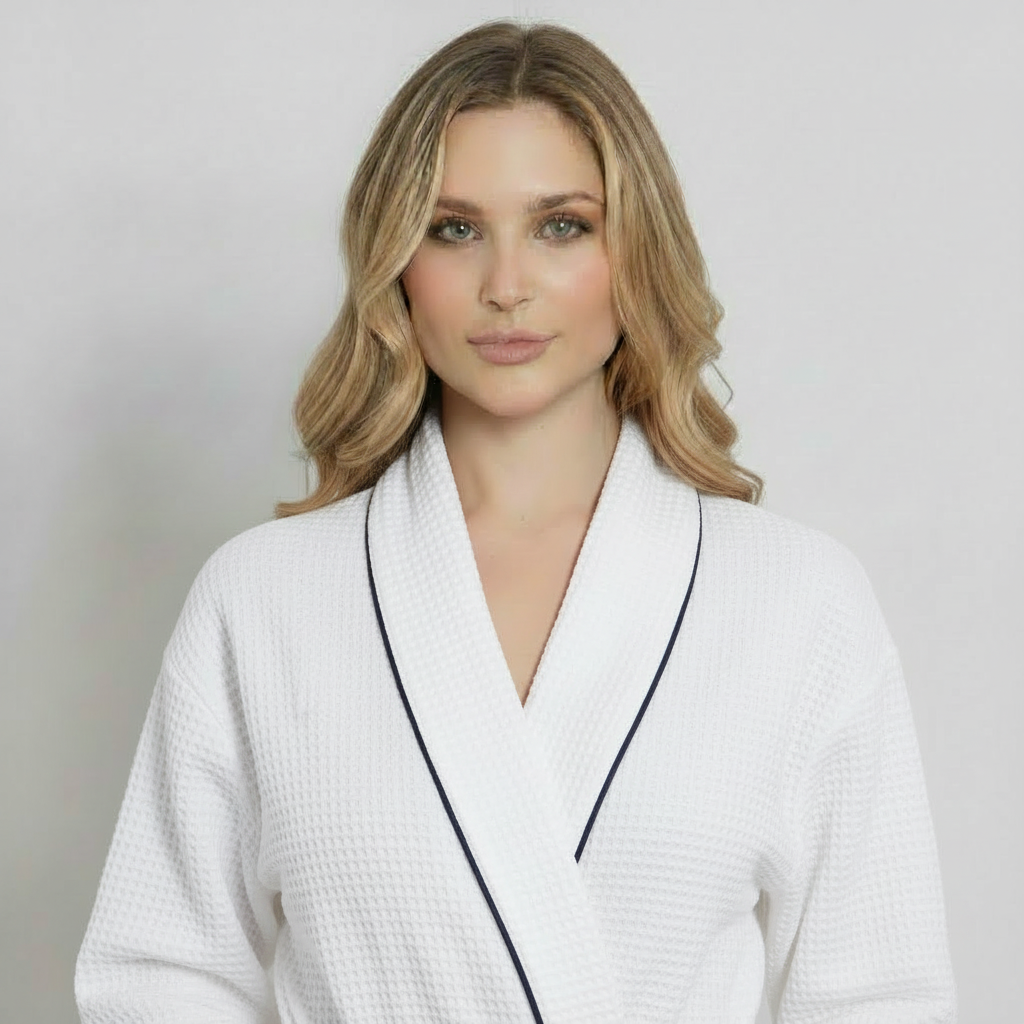 Women’s Waffle Piping Bathrobe – Lightweight Spa-Style Comfort - Plush Fashion Hub