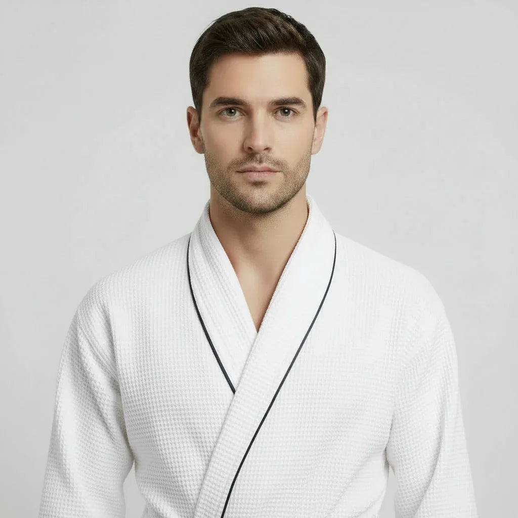 Front view of a small white men's plush piping robe from Plush Fashion Hub, featuring contrasting piping and soft fabric.