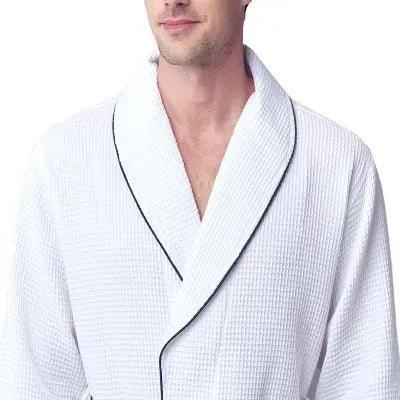 White men's waffle piping robe from Plush Fashion Hub, front view showing soft fabric and piping details.