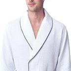White men's waffle piping robe from Plush Fashion Hub, front view showing soft fabric and piping details.