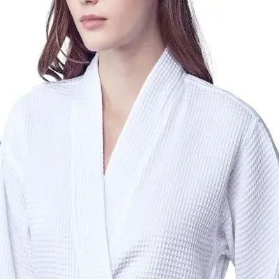 Front view of plush white women's waffle robe by Plush Fashion Hub, lightweight, quick-dry spa comfort robe for women.