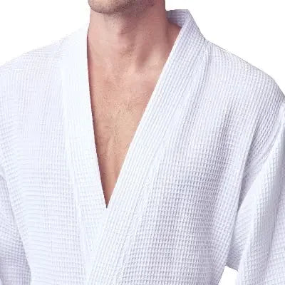 White men's waffle spa bathrobe by Plush Fashion Hub, lightweight and absorbent, shown from the front with a small size.
