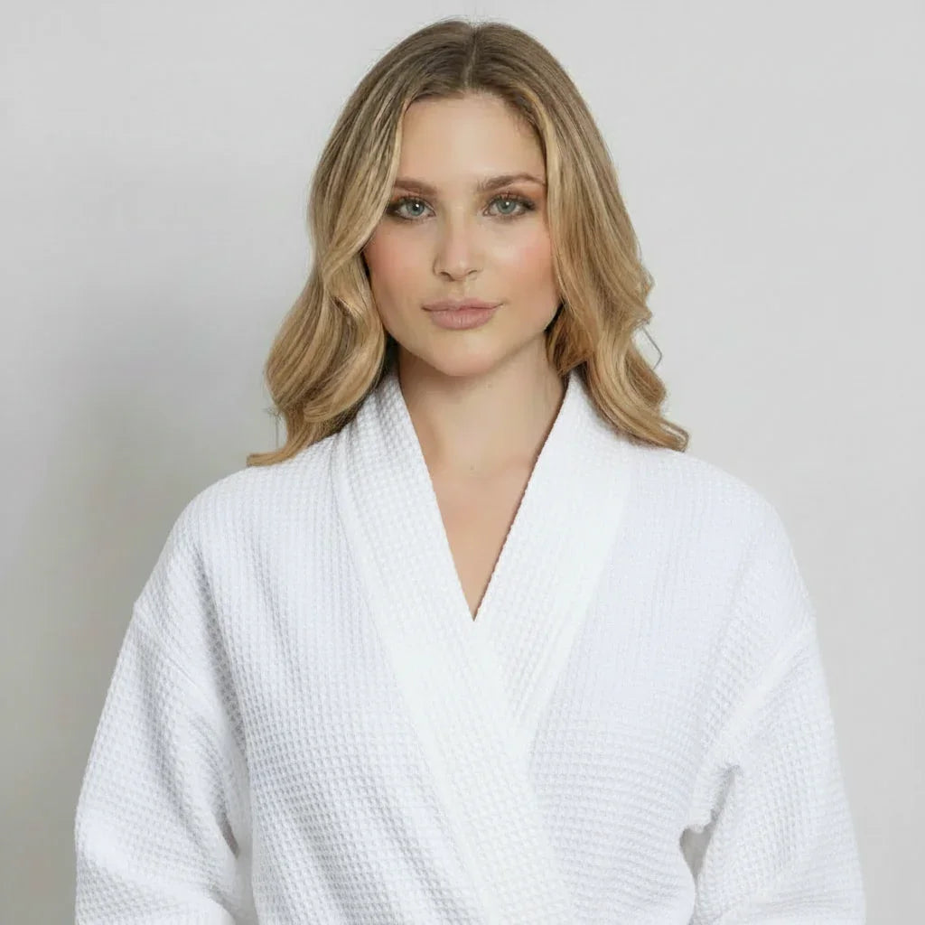 White women's waffle robe by Plush Fashion Hub, lightweight and quick-dry spa comfort, shown from the front.
