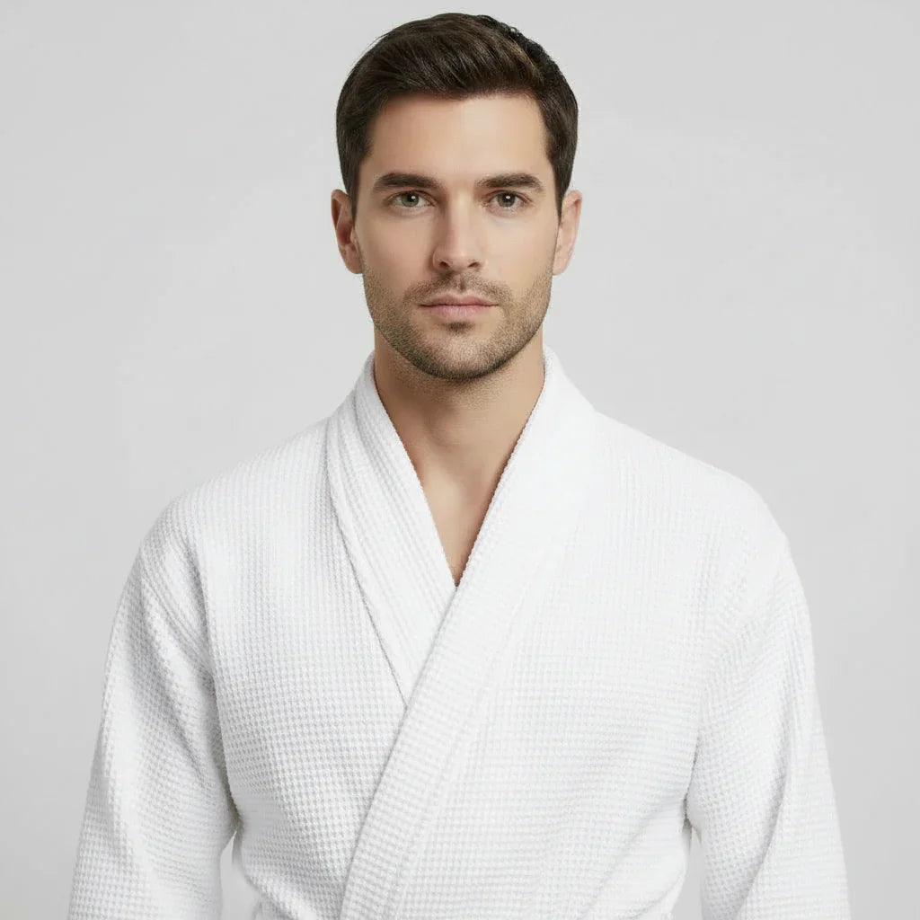Front view of Plush Fashion Hub men's waffle spa bathrobe in small white, lightweight and absorbent for comfortable relaxation.