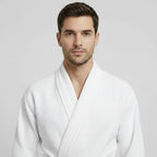 Front view of Plush Fashion Hub men's waffle spa bathrobe in small white, lightweight and absorbent for comfortable relaxation.