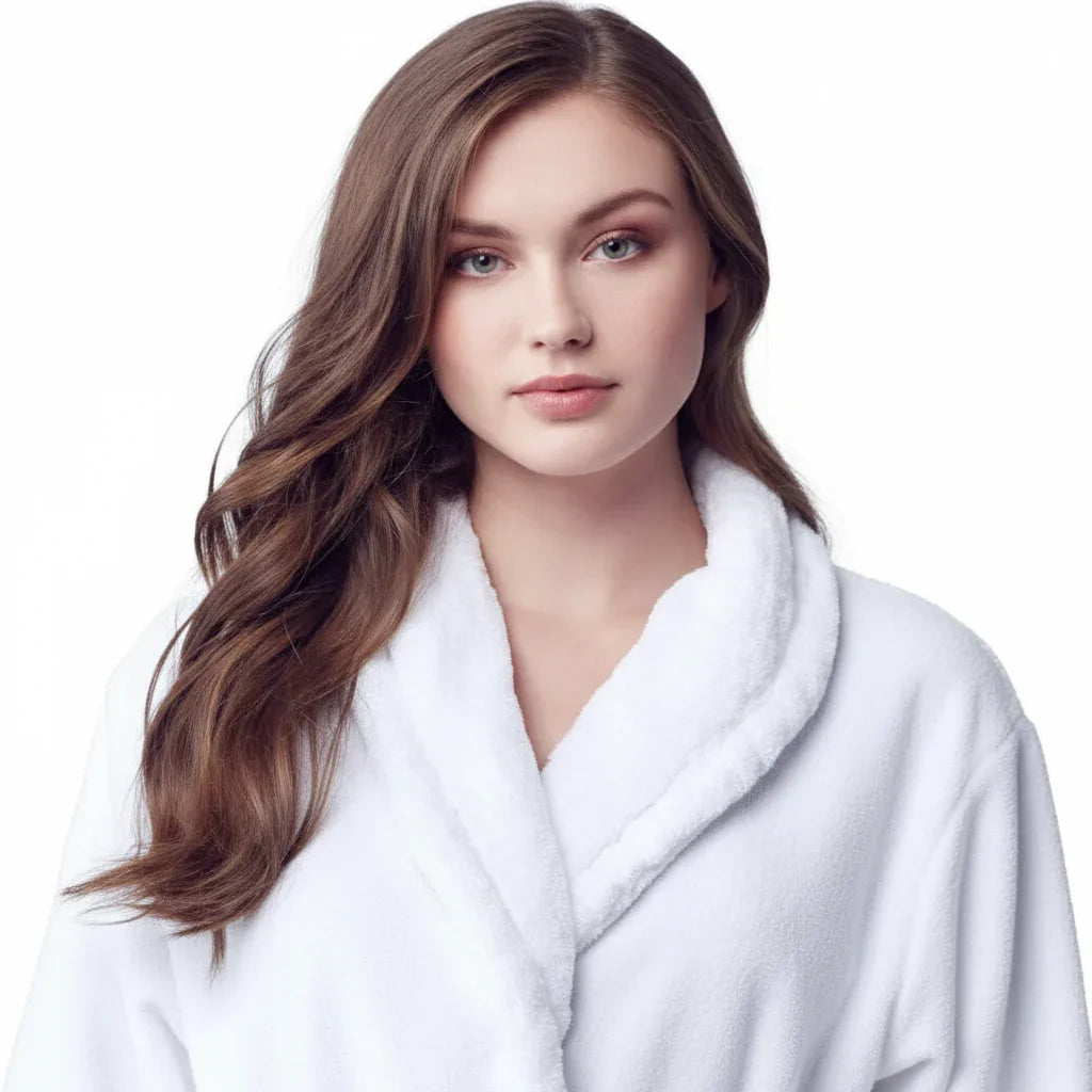 Front view of a small white women's plush bathrobe by Plush Fashion Hub, showcasing its soft, cozy fabric and relaxed fit.